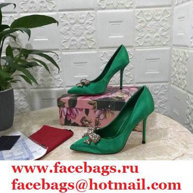 Dolce  &  Gabbana Heel 10.5cm Satin Pumps Green with Crystal Bow 2021